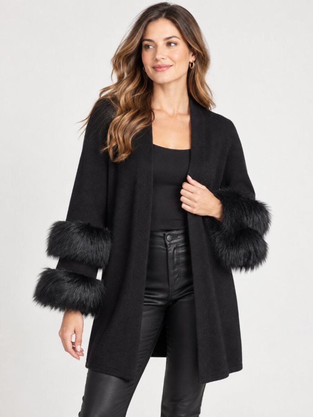 Chico's Travelers Faux Fur Cuff Cardigan Sweater Jacket Black Size 1 Medium NWT